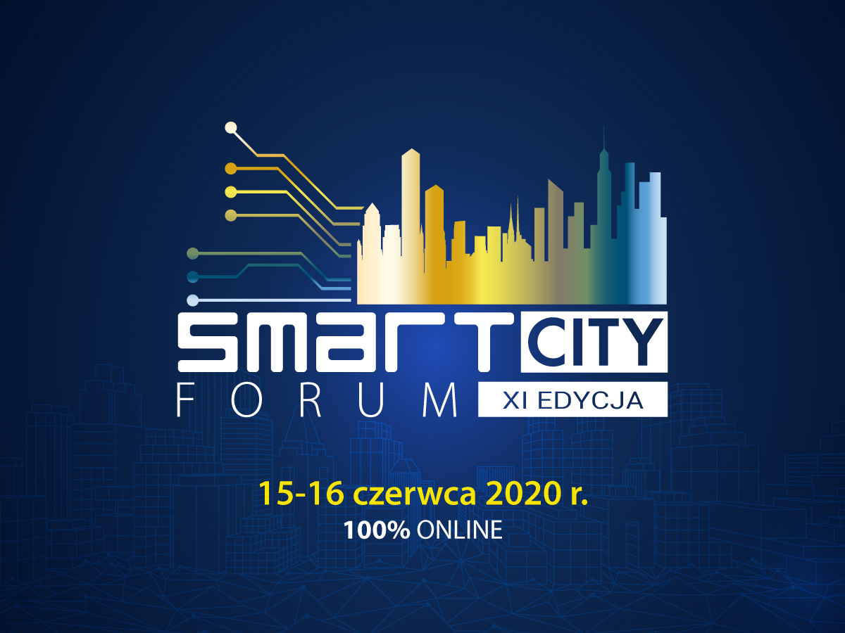 Grafika przedstawiająca logo XI edycji Smart City Forum, kt&oacute;ra odbyła się w dniach 15-16 czerwca 2020 r., w formule online.
