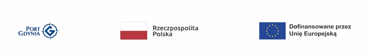 Zestawienie logotyp&oacute;w: Port Gdynia, Flaga RP, Flaga UE z napisem Dofinansowane przez Unię Europejską