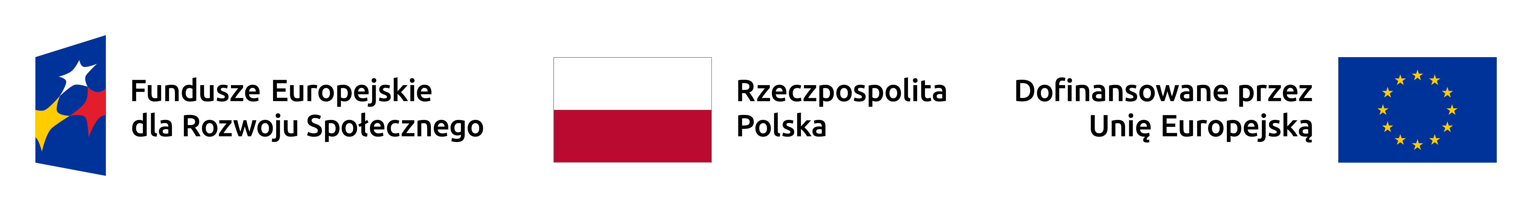 Zestawienie logotyp&oacute;w: Fundusze Europejskie dla Rozwoju Społecznego, Flaga RP, Flaga UE z napisem Dofinansowane przez Unię Europejską