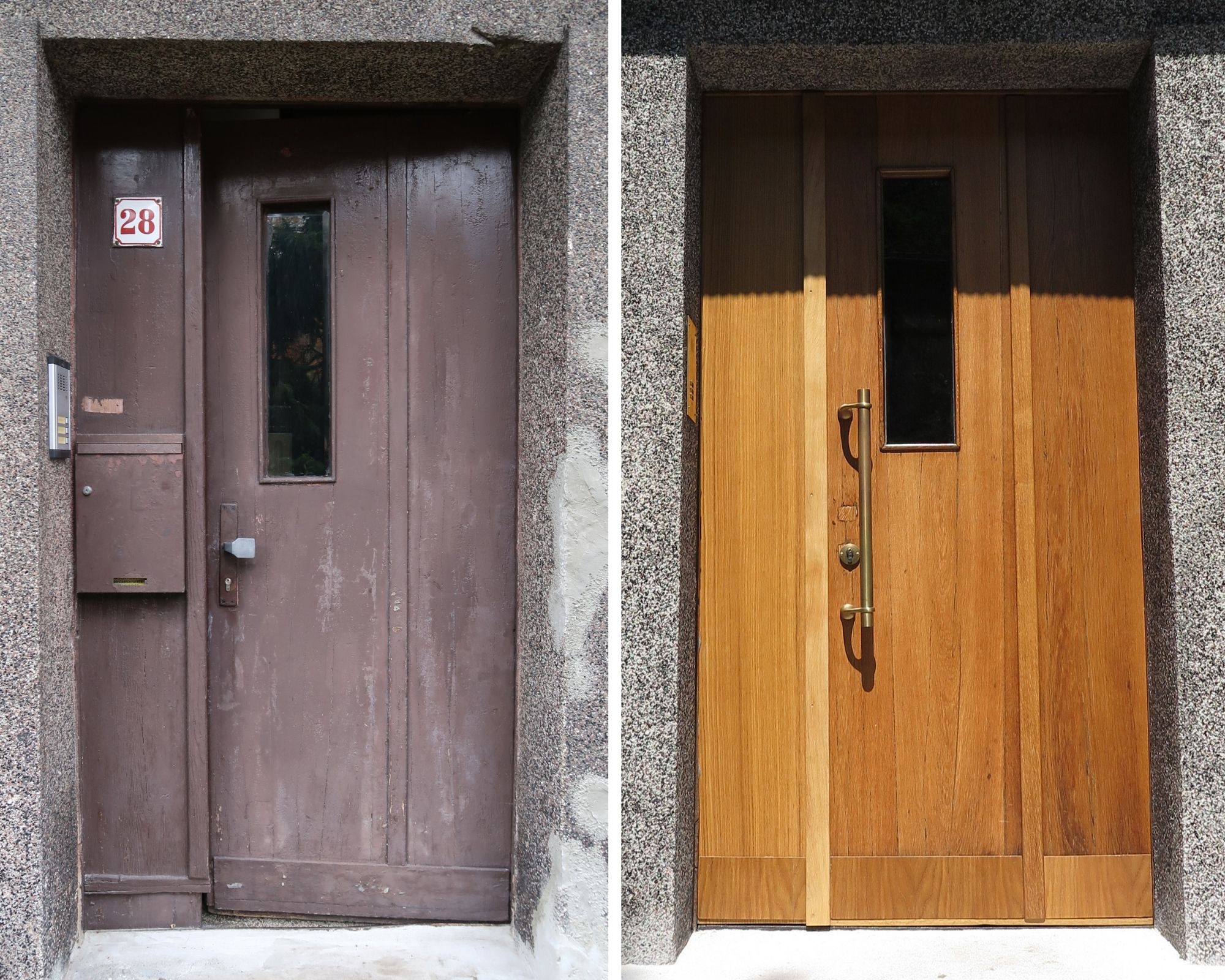 Drzwi do budynku przy ul. Olsztyńskiej 28 przed i po pracach konserwatorskich, fot. Biuro Miejskiego Konserwatora Zabytków w Gdyni