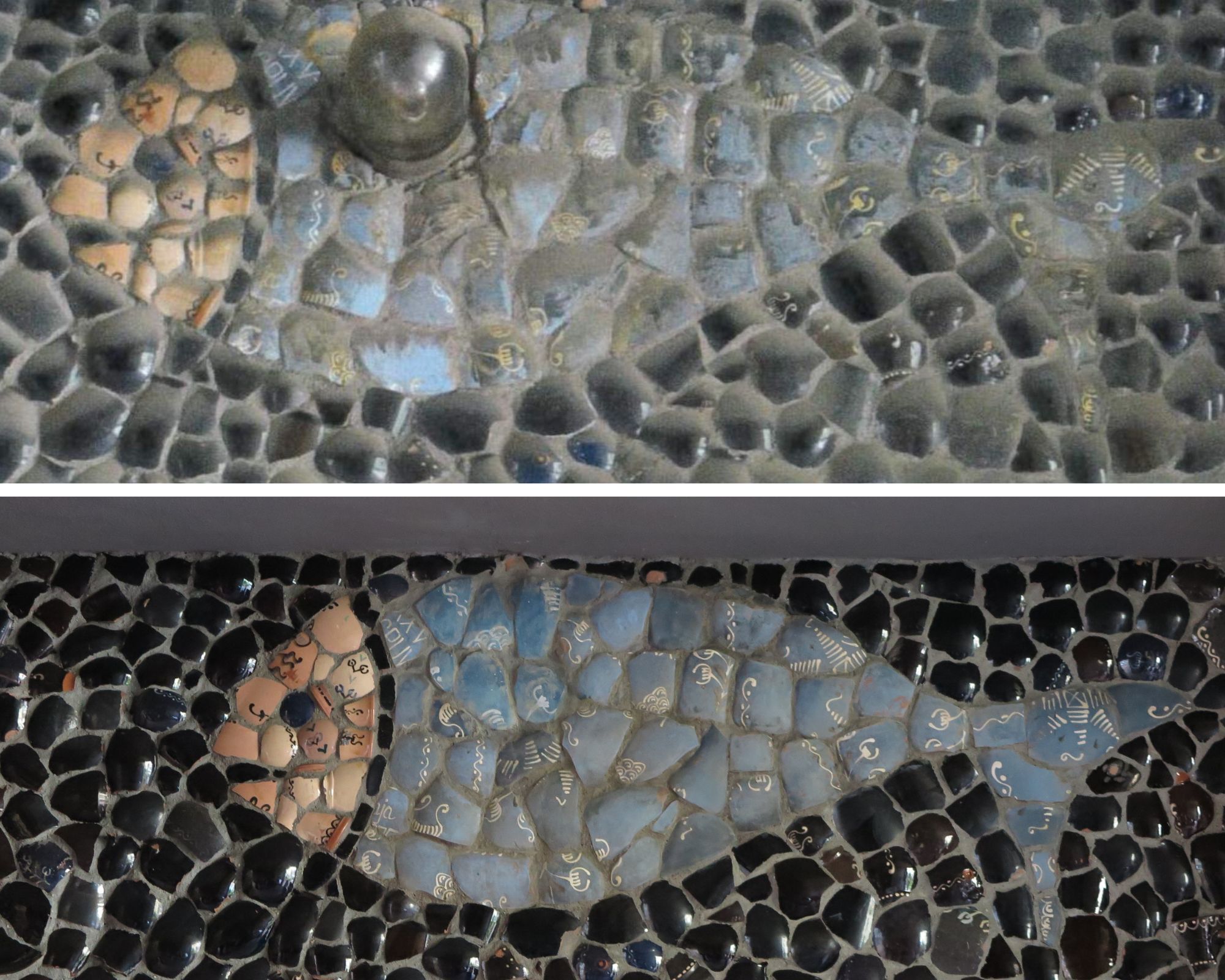 mozaika w kształcie ryby przed i po pracach konserwatorskich fot. BMKZ w Gdyni
